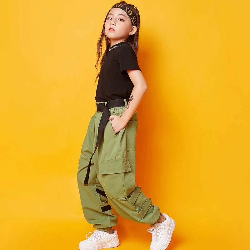 Children Jazz Dance Costumes Kids Black Tops Green Pants Outfit Hip Hop Clothing For Girls Street Dance Performance Wear SL1972