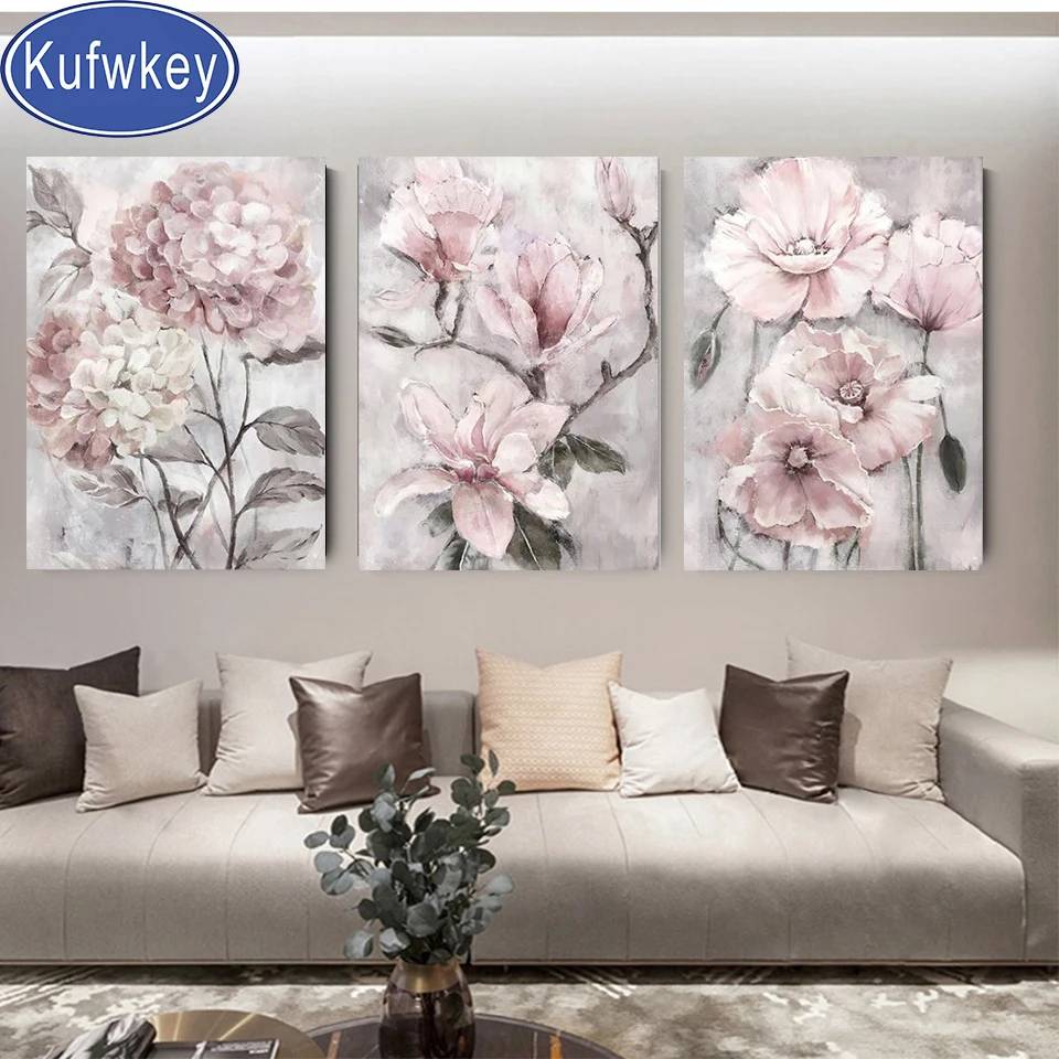 Large Size Pink Flowers Diamond Painting 5D Diamond Mosaic Nordic Aesthetic  Artwork Colourful Crystal Embroidery Home Decor Gift