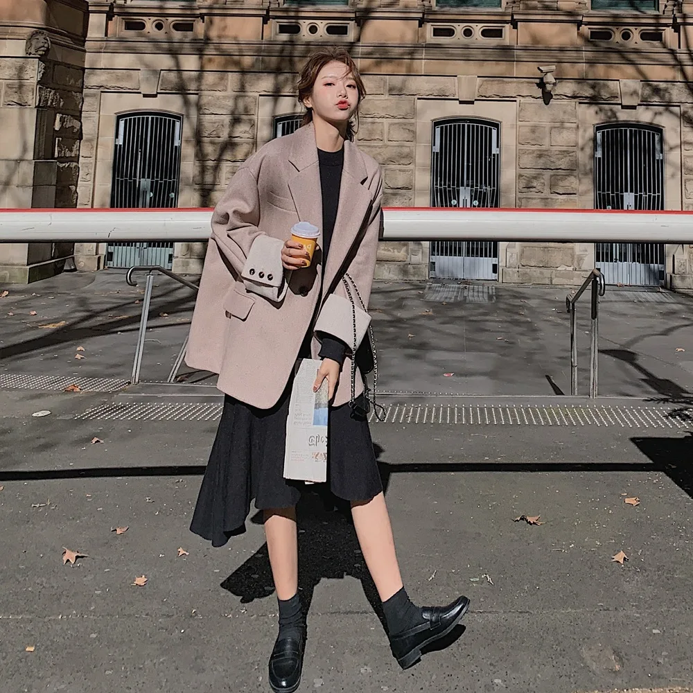 

Photo Shoot Joint Contrast Color Sleeves Woolen Jacket 2019 Autumn And Winter New Style WOMEN'S Dress Retro CHIC Loose-Fit Woole