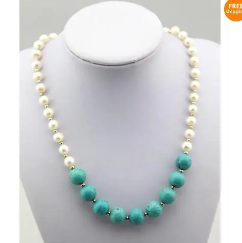 

New Unique Pearls Jewellery 7-8mm White Freshwater Cultured Pearl 12mm Blue Turquoise Stone Classic Necklace Fine Jewelry