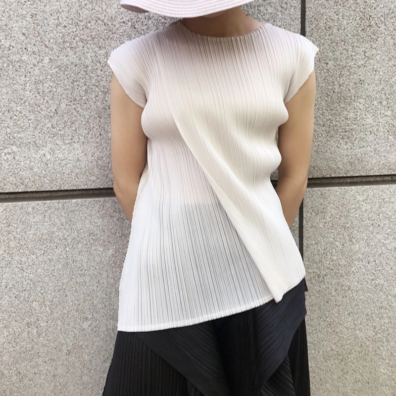 Changpleat дизайн Женская футболка двойные Топы Miyak плиссированные модные однотонные с круглым вырезом большие эластичные тонкие женские футболки Tide T89