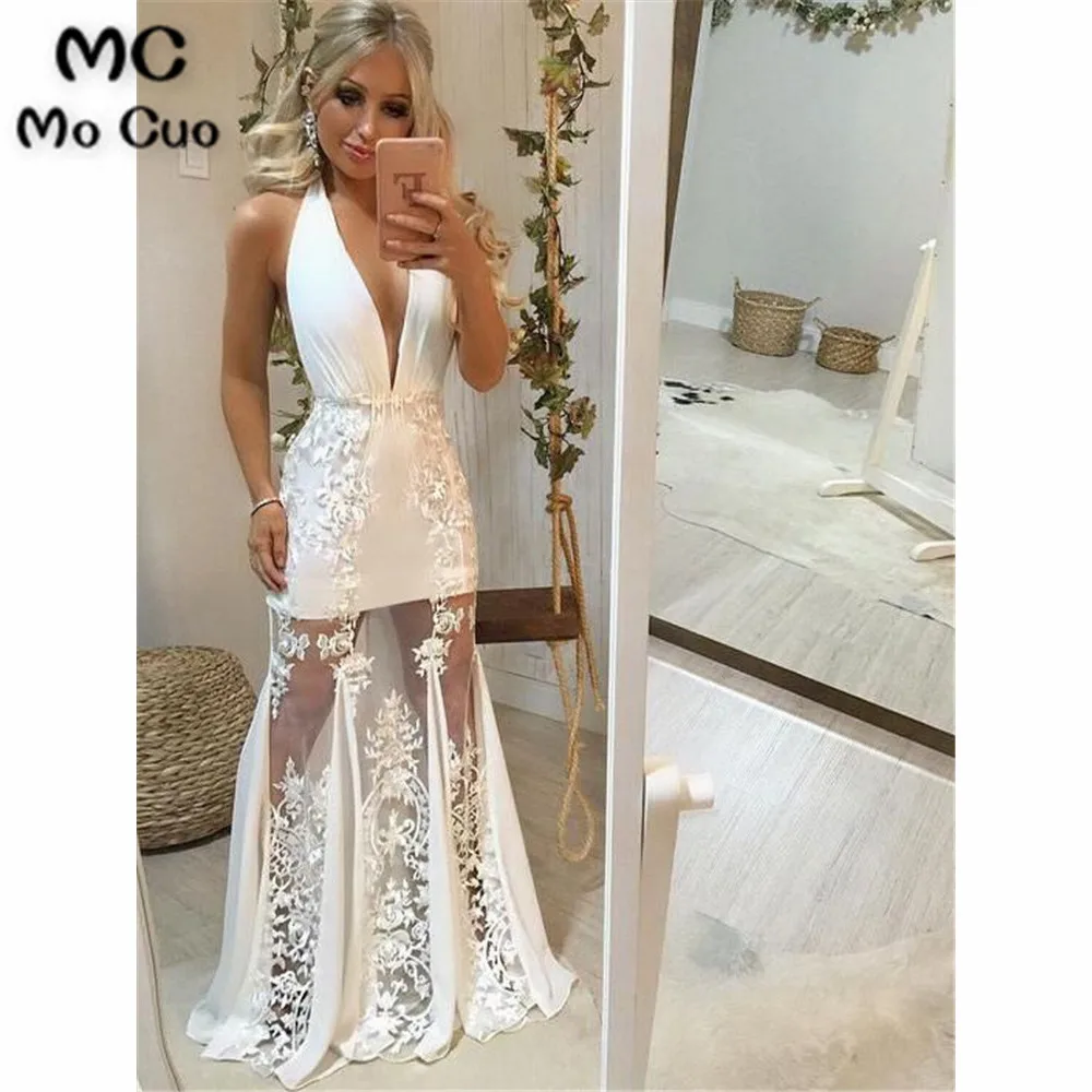 Chic Prom Dresses Halter Appliques Open Back