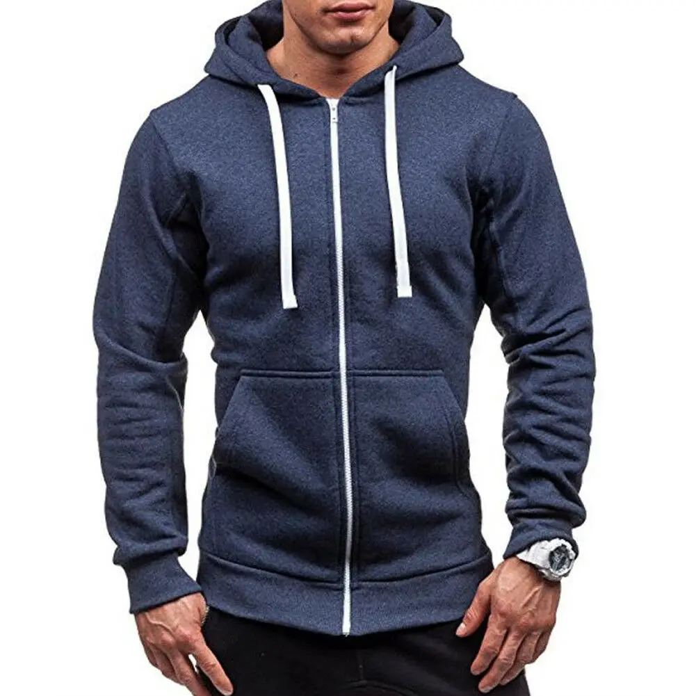 E Navy Blue Мужские однотонные толстовки на молнии, классические зимние толстовки, свитшоты, куртки, пальто с длинным рукавом, повседневные мужские толстовки на молнии с карманами - Цвет: E Navy Blue