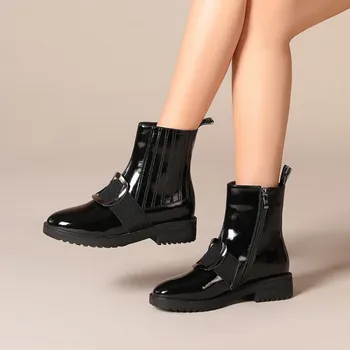 

MLJUESE 2020 women soft ankle boots cow leather black color buckle strap winter short plush high heel boots women boots size 42