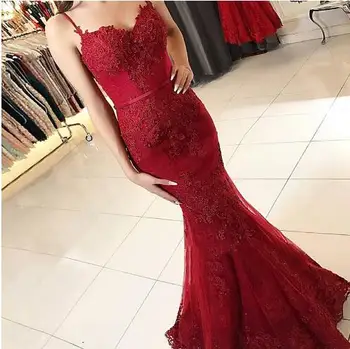 

Robe de Soiree 2019 Spaghetti Strap Backless Pageant Formal Dress Appliques Tulle Burgundy Mermaid Prom Dresses