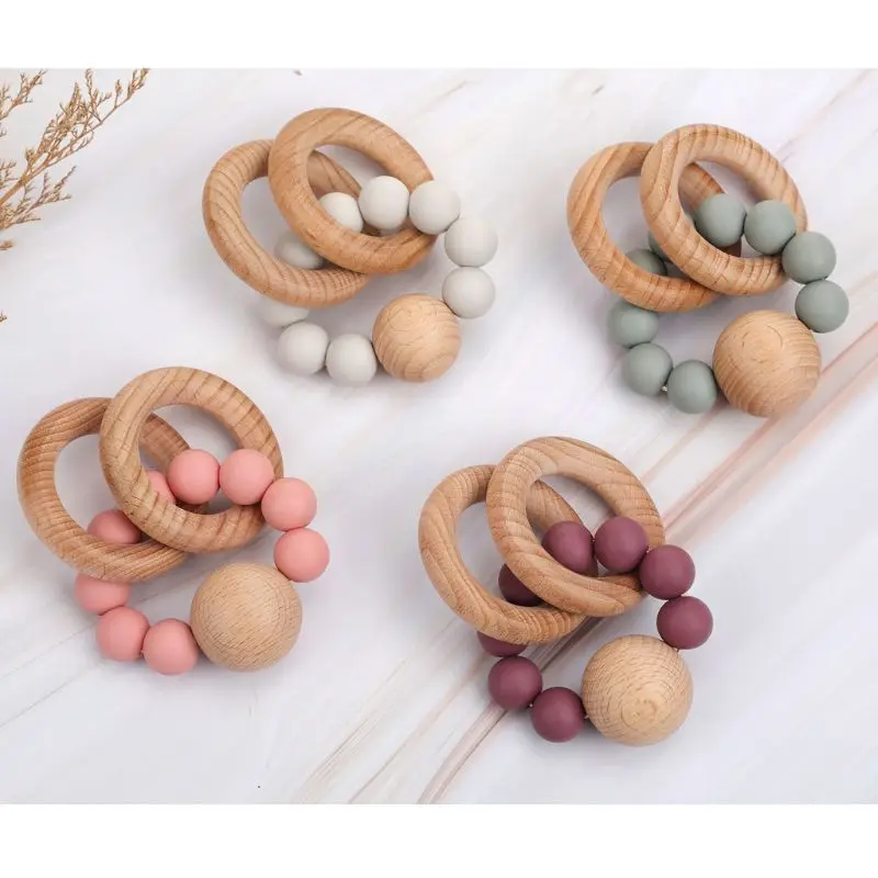 Wooden Teether Baby Bracelet Jewelry Teething For Organic Wood Silicone Beads Rattle Stroller Accessories Toy | Мать и ребенок