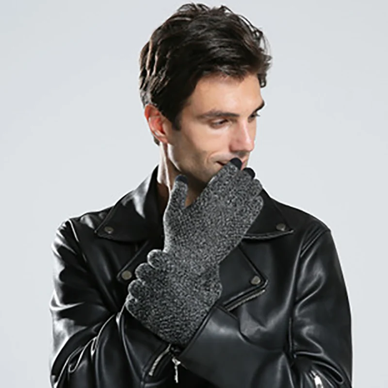 Men's Touch Screen Gloves Wool Points Finger Gloves Knit Gloves Non-Slip Thickening Plus Velvet Outdoor Riding Ski Gloves
