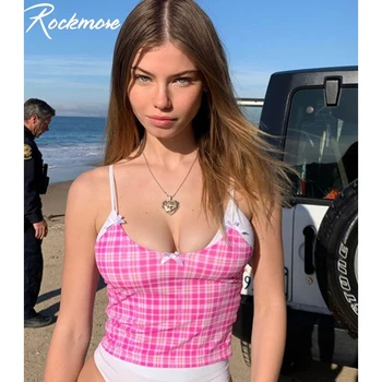 

Rockmore Plaid Spaghetti Straps Women Bow Cute Camis Korean Harajuku Kawaii Checkered Bodycon Crop Tops Off Shoulder Streetwear