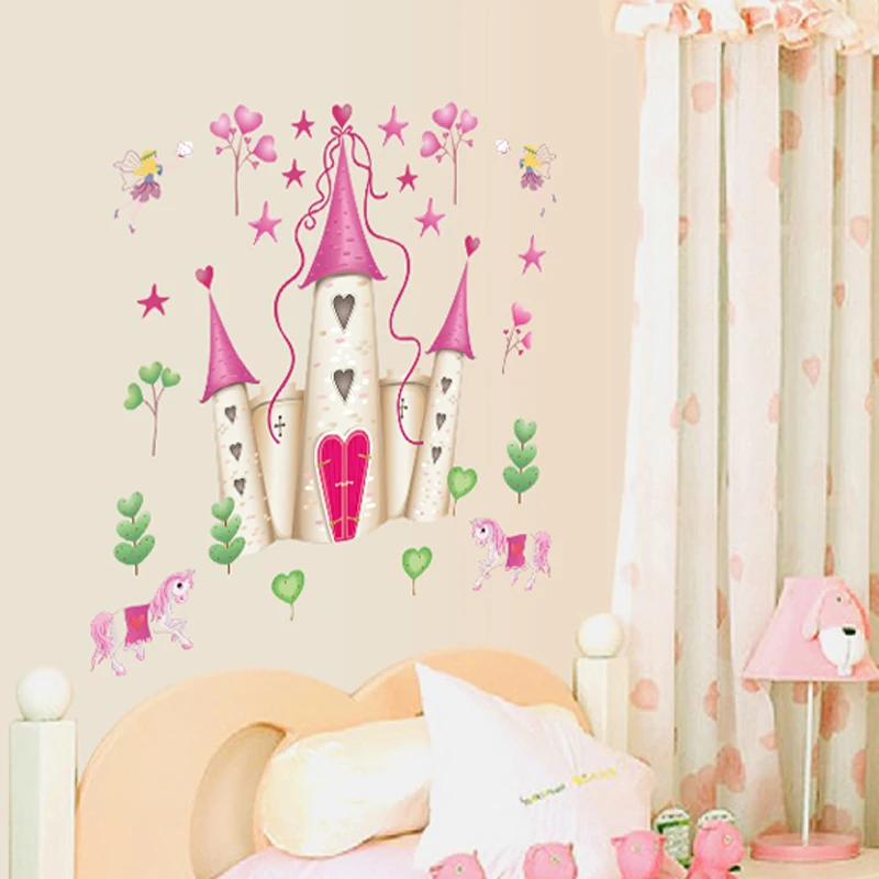Съемная Розовая Принцесса замок комната фея девушка башня настенные Стикеры для девочек детская спальня Единорог настенный Декор виниловые настенные наклейки