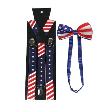 

2020 New Unisex American US Flag Y-Back Suspender Pre-Tied Bow Tie Set Star Striped Print