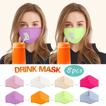 

8PCS Adult Women Protect Cotton Face Mask Breathable Unisex Drinking Mask with Hole for Straw Mascarilla Reutilizable