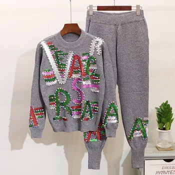 

Autumn 2 Pieces Set Knitted Pullovers Sweater Casual Letters Knit Jumper Tops and Pants Suits Long Sleeve Tracksuits 2020