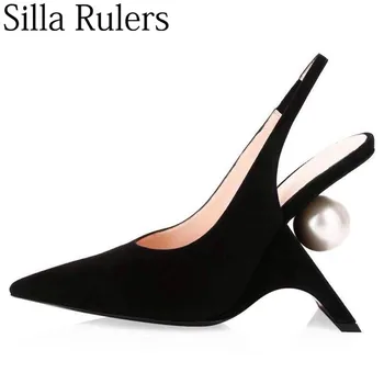

New 2020 kid suede pointed toe pumps woman pearl strange style high heels sandals woman sexy back strap ladies party shoes