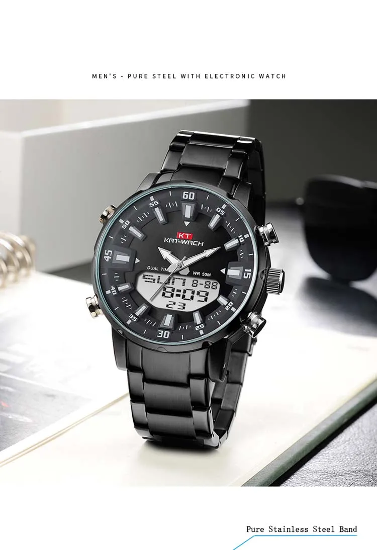 KAT-WACH Brand Steel Band Dual Movement Large Dial Waterproof Men's Electronic Watches Simple Luxury Business Man Wristwatch