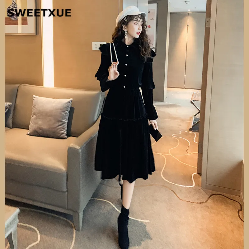 SWEETXUE осенний Женский бархатный комплект из 2 предметов, однобортный топ с длинными рукавами и рюшами+ миди-юбка с высокой талией, модный клубный комплект