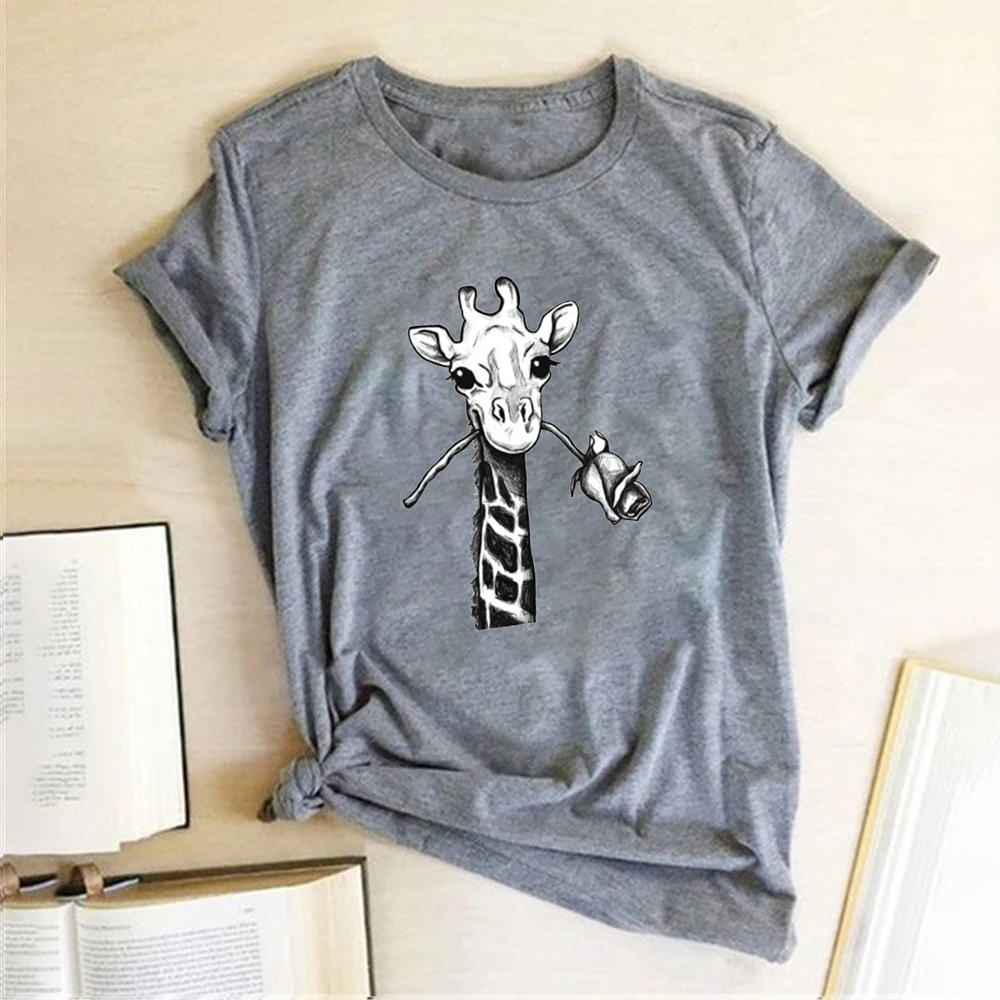 Giraffe Rose Printing T-shirts Women Summer Clothes Graphic Tees Funny Harajuku Top Cotton Round Neck Shirts for Loose | Женская одежда