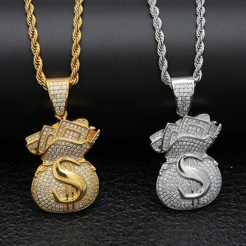 

Classic US Dollar Money Bag Pendant With Stainless Steel Chain Gold Bling Cubic Zircon Men's Hip Hop Necklace Jewelry