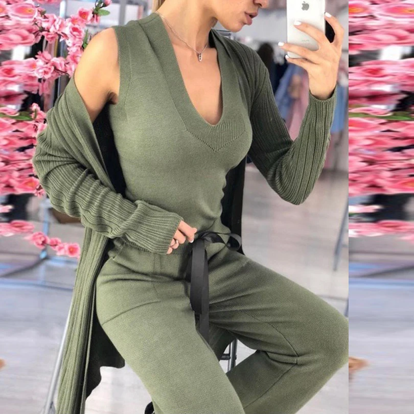 TYHRU Autumn Women's Knit Costume Solid Color Sweater Cardigan and Vest and Drawstring Ankle-length Pants Three Piece Set TYHRU Autumn Women's Knit Costume Solid Color Sweater Cardigan and Vest and Drawstring Ankle-length Pants Three Piece Set