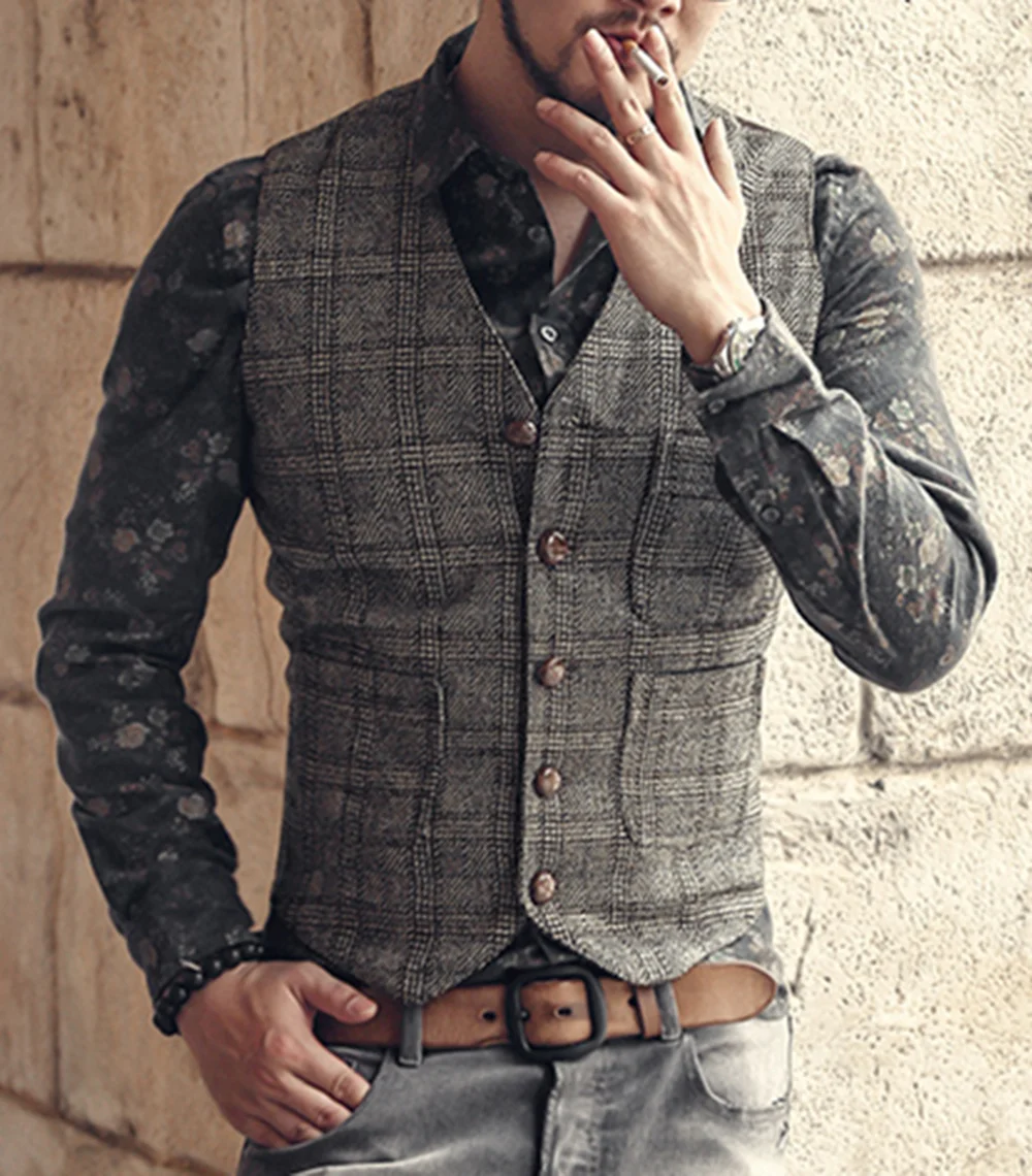 Mens Vintage Business Vest Plaid Classic Coat Tweed Slim Fit Formal Waistcoat for Wedding Groomsmen 3