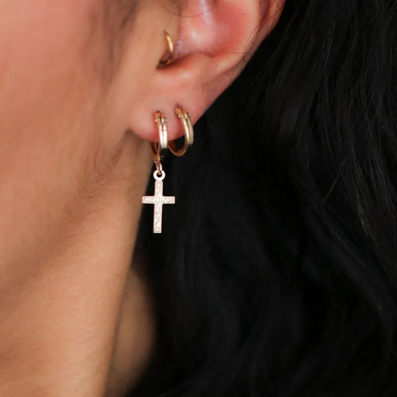 Delicate Gold Color Cross Pendant Earrings For Women Minimalist Round Circle Pierced Drop Dangle Earrings Fashion Jewelry Z3M335
