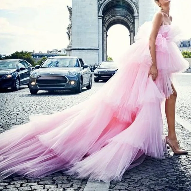 

2019 Fashion Pink Tiered High Low Tutu Prom Dresses Off The Shoulder Puffy Long Prom Gowns Chic Tulle Prom Gown