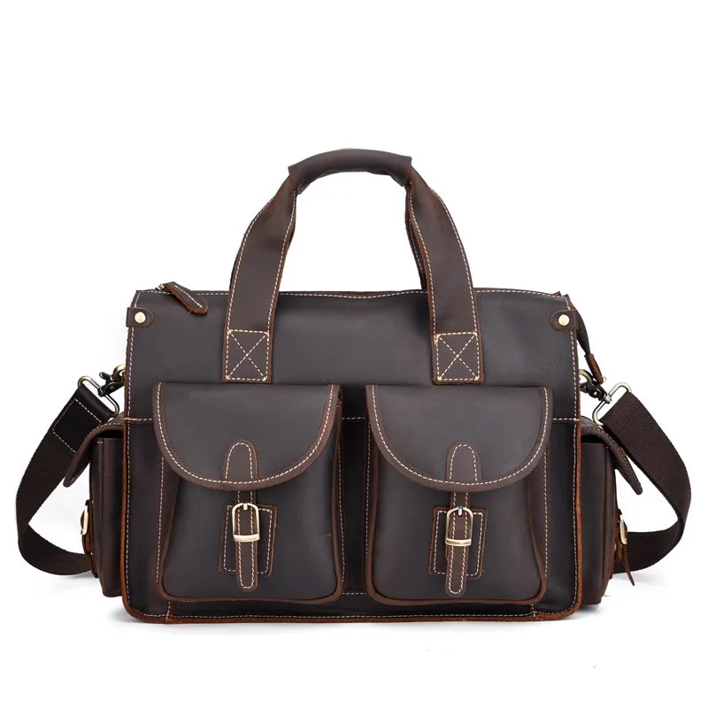 PNDME simple high quality crazy horse cowhide men's briefcase multi-pocket vintage business genuine leather laptop messenger bag