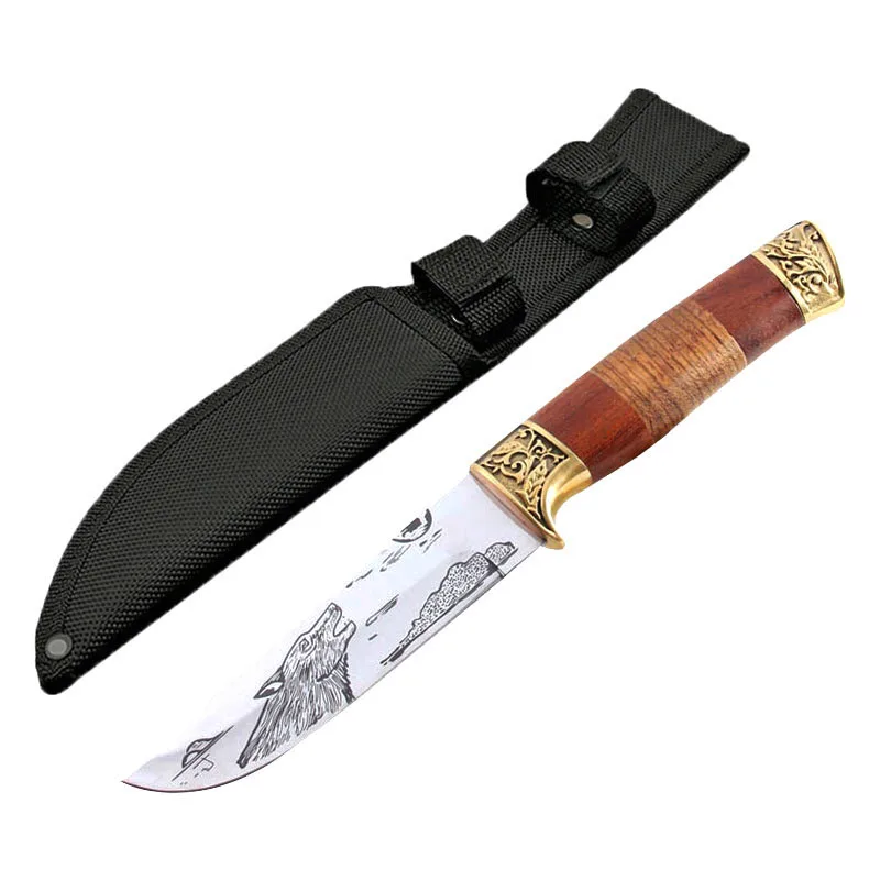 DuoClang изысканный 440 стальной охотничий нож для выживания с фиксированным лезвием, латунный+ палисандр+ Зебра, деревянные ручки, ножи с рисунком волка