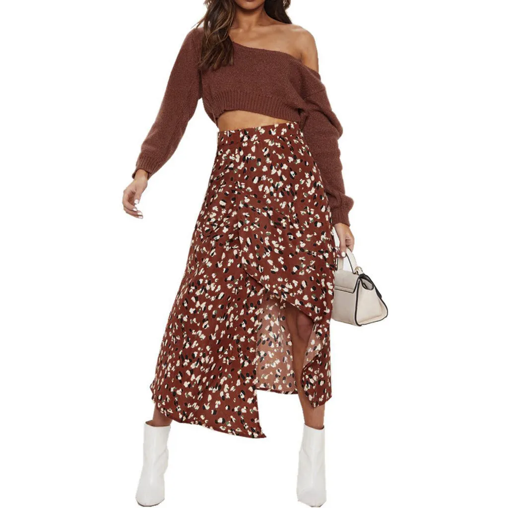 

Casual Skirt Women Summer Fashion Sexy High Waist Flower Print Waist Open Fork Zipper Split Skirts Mid-Calf Boho Irregular Skirt