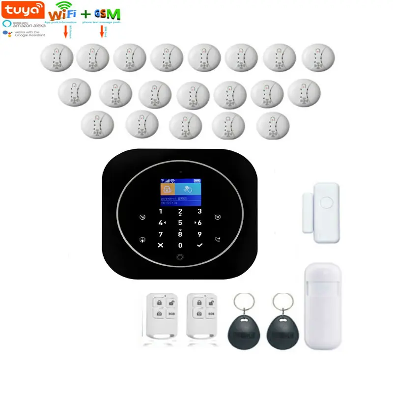 

WIFI GSM Wireless Home Business Burglar Security Alarm System Tuya APP Control Siren RFID Motion Detector PIR Smoke Sensor