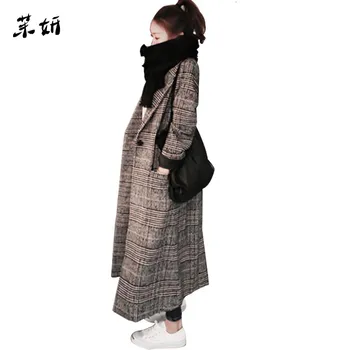 

Women S-XXL Woollen Outerwear 2019 Fashion Winter Houndstooth Plaid Thick Tweed Casual Warm Turn Down Collar Long Coat