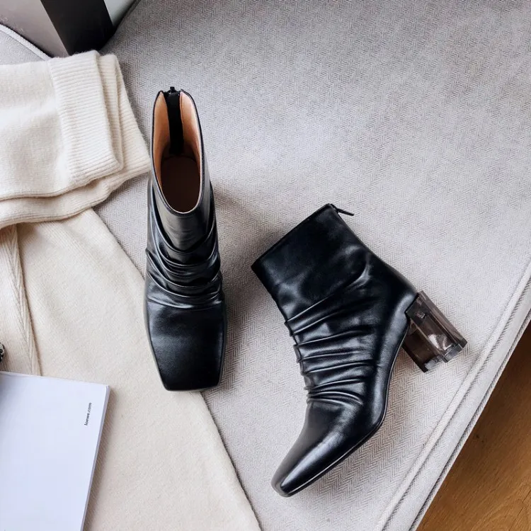 

MLJUESE 2020 women ankle boots Microfiber winter short plush square toe zippers pleated high heels female boots party dress