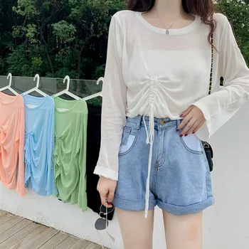 

Fashion 2020 Simple Solid Color Drawstring Wild Lazy Polyester Sunscreen T-Shirts /