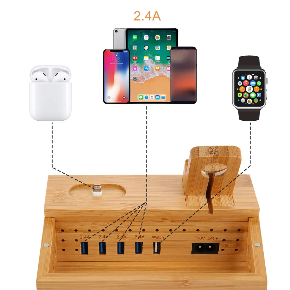 Multi-Function Wooden Charging Dock Station for Mobile Phone Holder Stand Bamboo Charger Stand Base For Apple Watch iPad iPhone