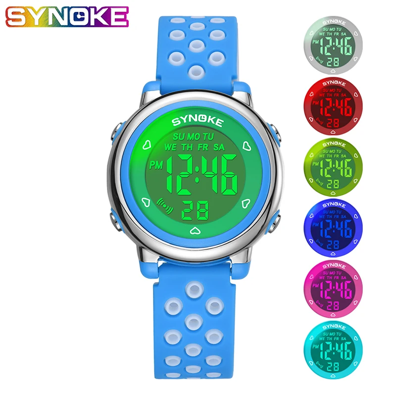 

SYNOKE Blue Kids Digital Watch LED Luminous Colorful Light Fashion Children Sports Alarm Swim 5Bar Waterproof Boys Girl Watches