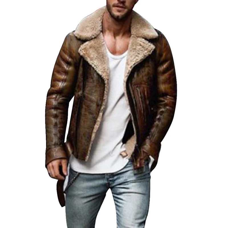 CYSINCOS Mens Leather Jackets Male Motorcycle Jacket PU Business Casual Thick Warm Fur Collar Winter Faux Biker Coats Windproof