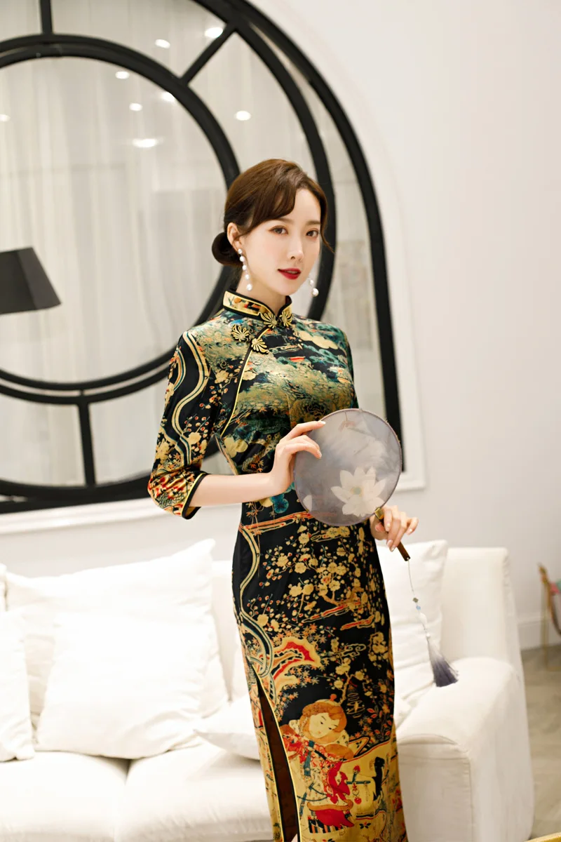 Новинка, традиционное китайское платье Cheongsam Mori Girl, бархатное платье Qipao, женское тонкое платье в восточном стиле, элегантные вечерние платья - Цвет: 268