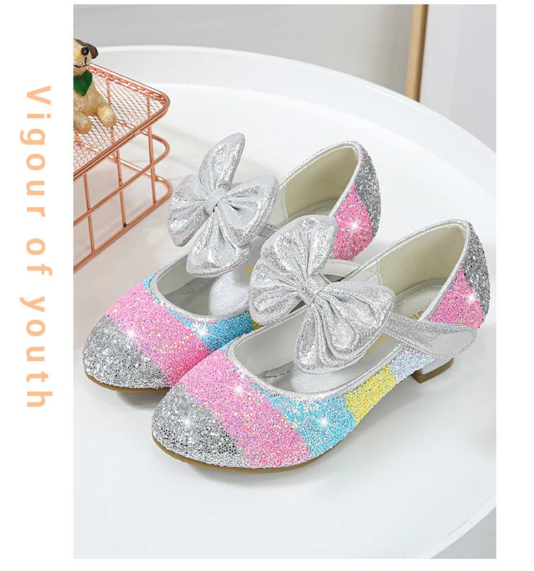 Girls Leather Shoes Princess  Shoes Children Shoes round-Toe Soft-Sole Big girls High Heel Princess Crystal Shoes Single Shoes bata children's sandals