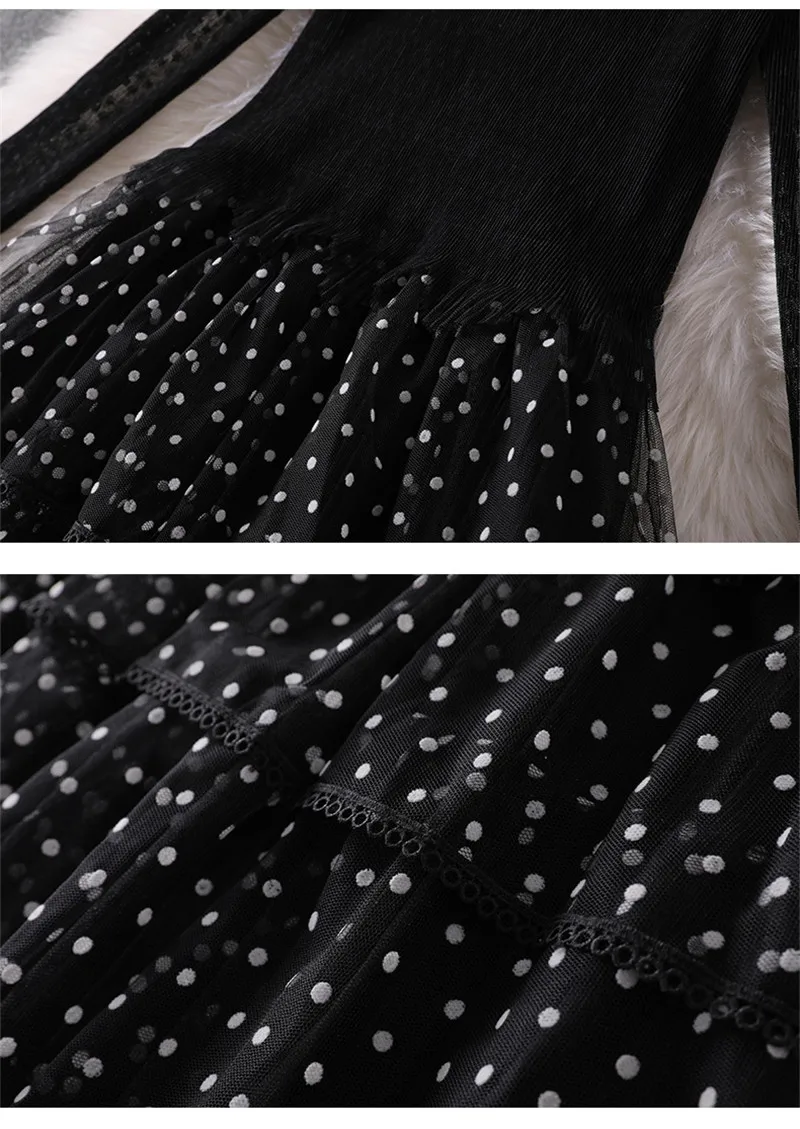 Элегантный леди взъерошенный слой торт вечернее платье для выпускного вечера Женщины Подиум мода осень точка бисерный принт черный сексуальный до середины икры тюль платье