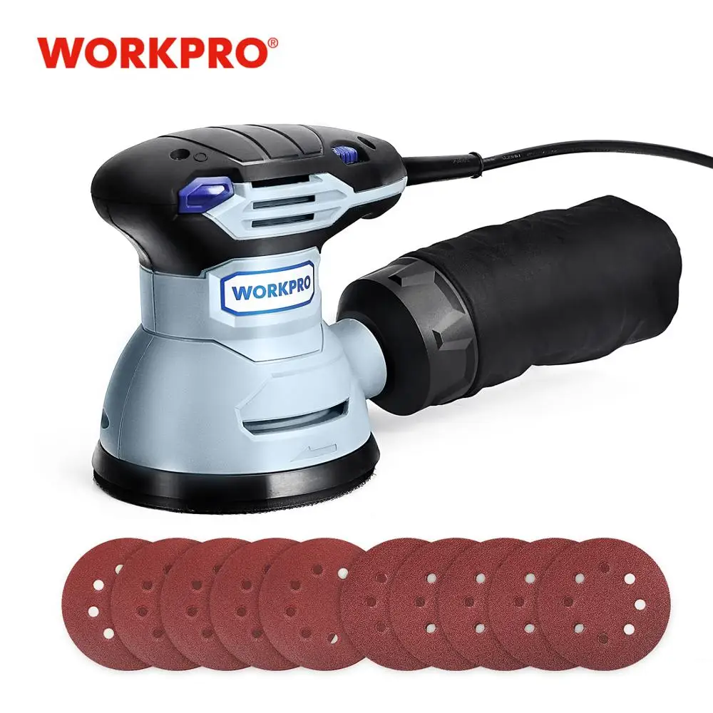 WORKPRO 300 Вт случайная шлифовальная машина с переменной скоростью случайная орбитальная шлифовальная машина с 10 шт. наждачной бумагой выхлоп пыли и гибридная Пылезащитная канистра