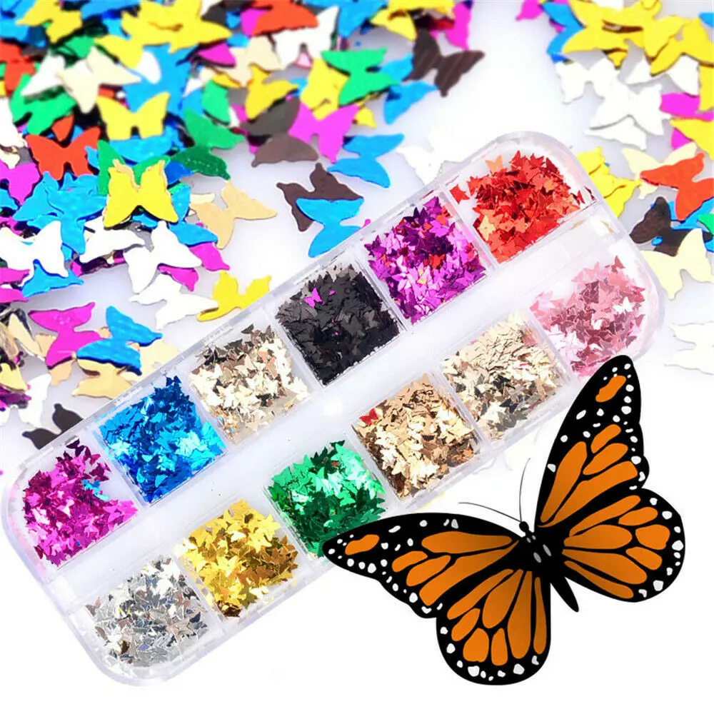 12 сеток/набор красочный блеск для ногтей Палитра бабочка Блестки для ногтей украшения ногтей сверкающий маникюр декор
