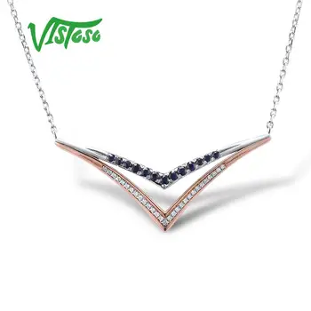 

VISTOSO 10K Rose Gold 925 Silver Blue Sapphire Diamond Necklace For Lady Engagement Anniversary Elegant Gift Fine Jewelry
