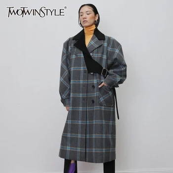 

TWOTWINSTYLE Plaid Irregular Woolen Coats Female Lapel Collar Lantern Long Sleeve High Waist Hit Color Asymmetrical Jacket Women