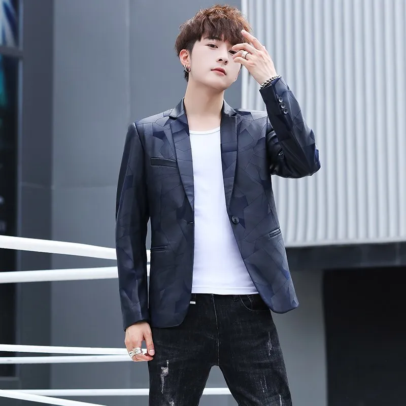 Кожаная куртка мужская Корейская версия модной Slim-Fit мужской костюм случайный молодой мужской британский стиль из искусственной кожи Малый Костюм - Цвет: Navy