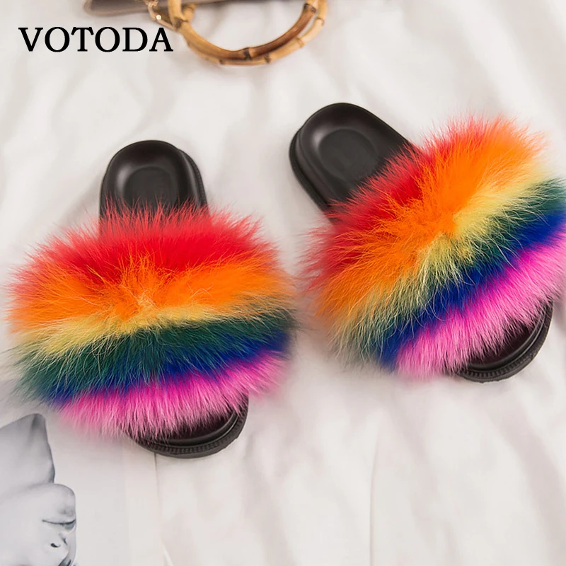 

Women Summer Real Fox Fur Slides Fluffy Fur Slippers Lady Cute Flat Indoor Slippers Woman Raccoon Fur Sandals Casual Brand Shoes