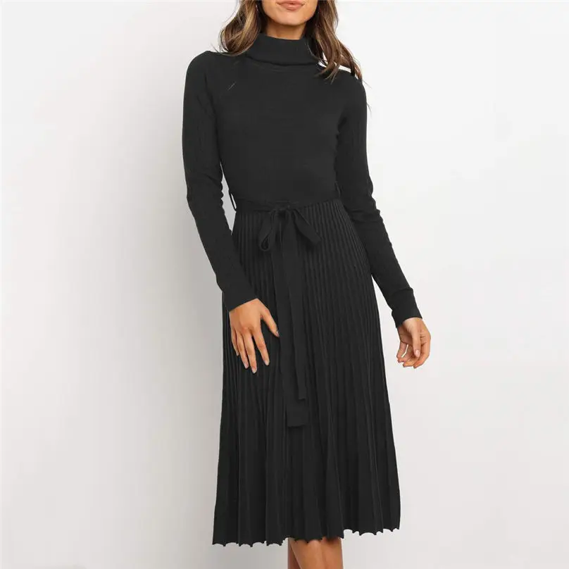 Fashion Women Turtleneck Winter Dresses 2019 Slim Casual Long Sleeves Dress Solid Color Swing Party Dress Vestidos платье 3Y26 (4)
