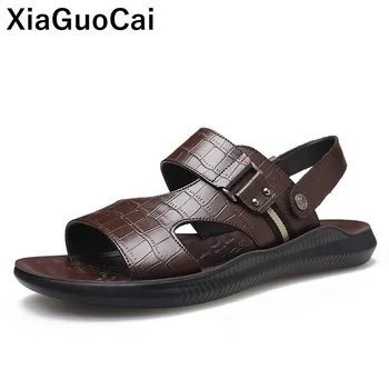 

Summer Men Casual Slippers Sandals Two Uses Outdoor Beach Shoes Crocodile Leather Flip Flops Buckle Strap Non-slip Slides Newest