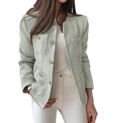 BGTEEVER Chaqueta corta elegante con cuello redondo para mujer, Blazer liso de manga larga con bolsillos de un solo pecho, otoño e invierno, 2020