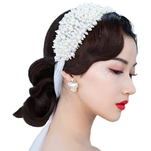 Women Wedding Handmade Beading Wide Headband Bridal Luxury Full Imitation Pearl Hairband Mesh Ribbon Jewelry Chain Party