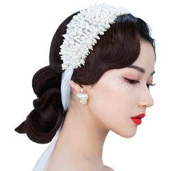 Women Wedding Handmade Beading Wide Headband Bridal Luxury Full Imitation Pearl Hairband Mesh Ribbon Jewelry Chain Party