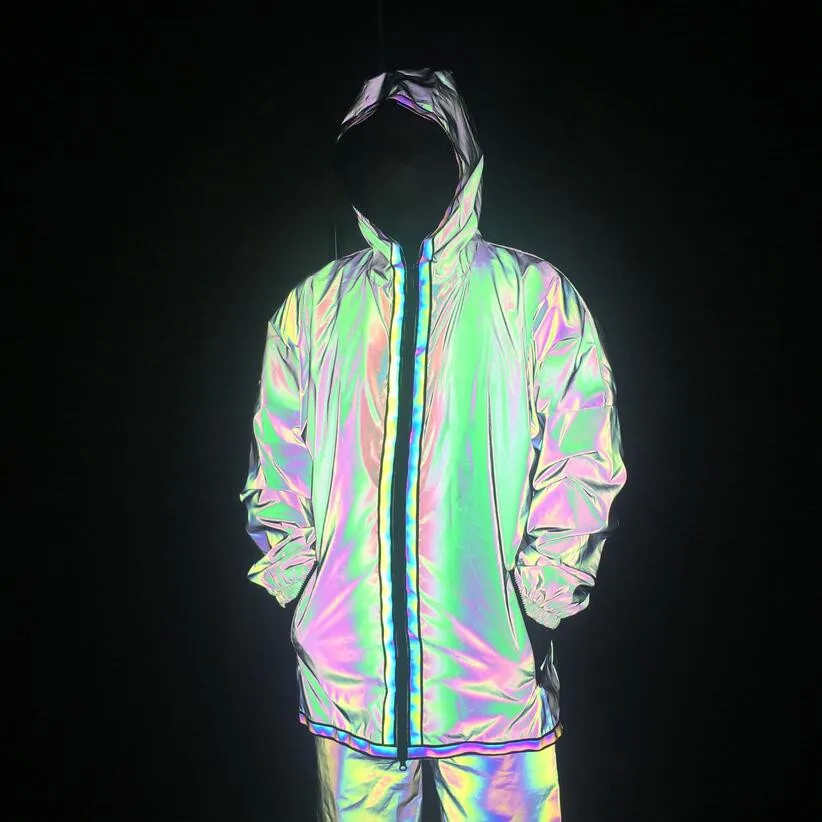 Reflective Trench Coat Men Brand Hip Hop Dance Fluorescent Mens Jackets and Coats Harajuku Windbreaker Cloak Jaqueta Masculino